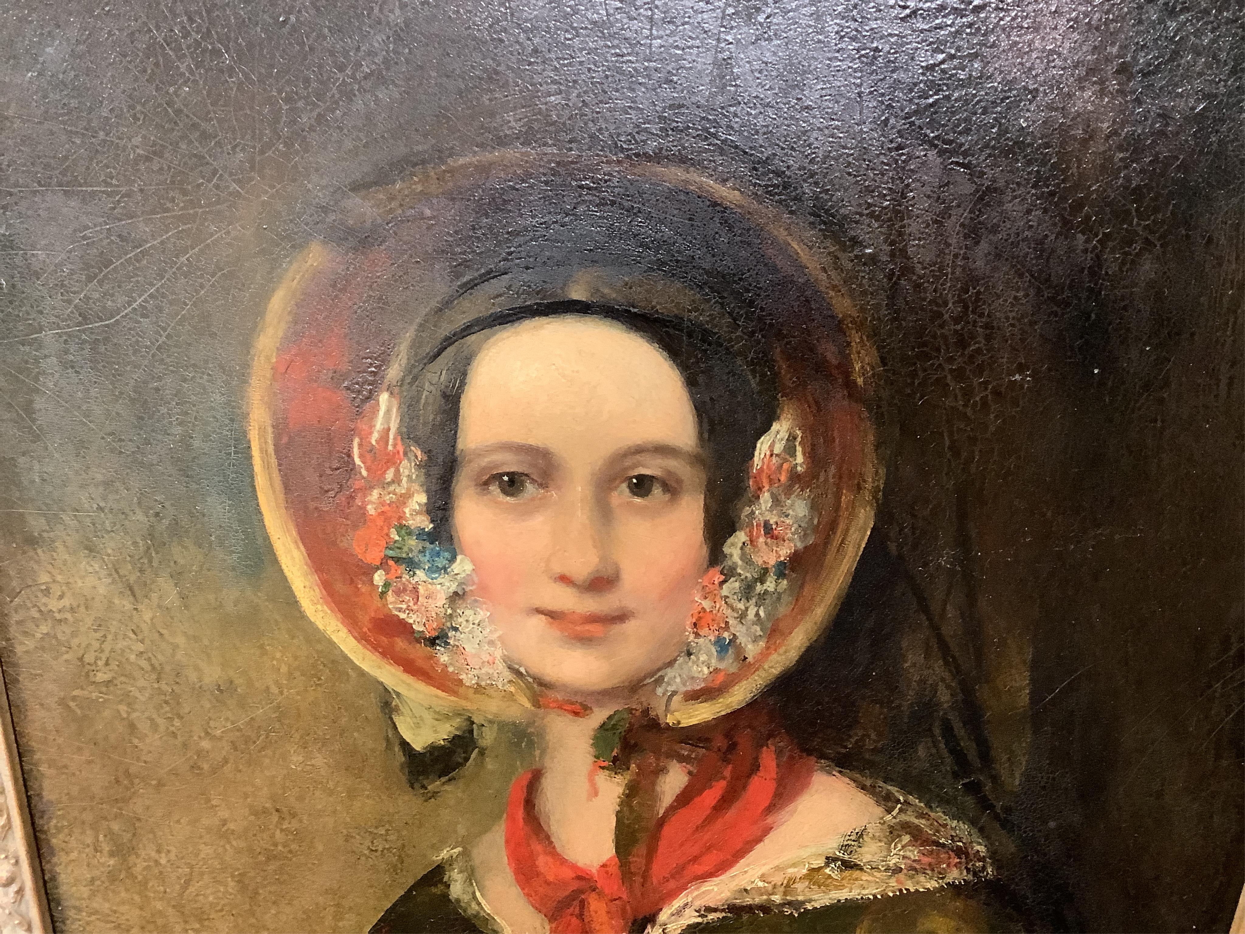 Early 19th English School, Portrait of Maria Brown wearing a bonnet, circa 1839, label verso, oil on panel, 34 x 27cm